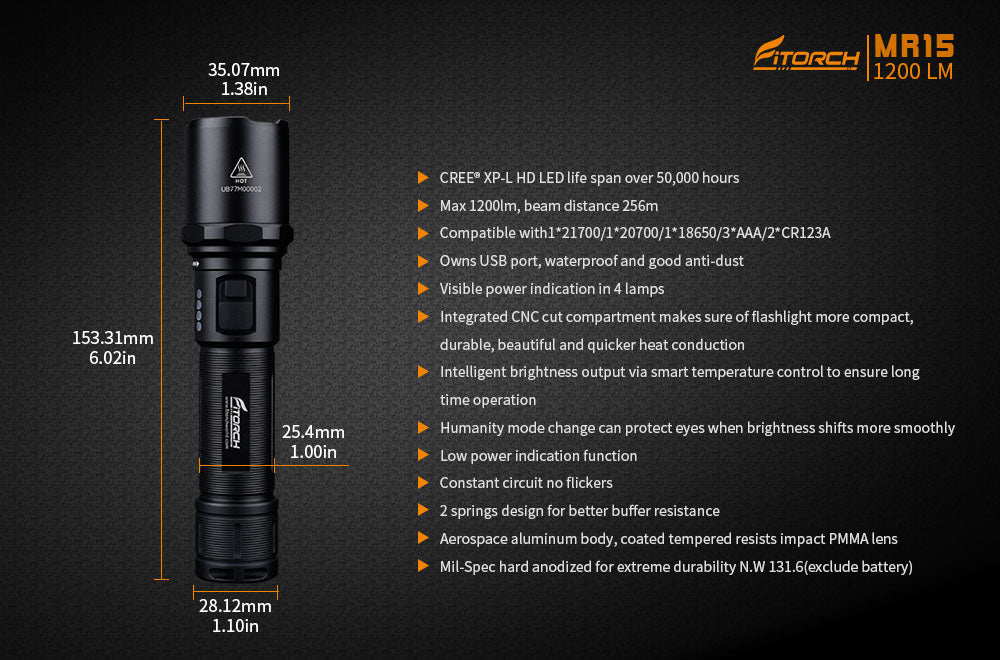 Fitorch MR15 RECHARGEABLE LED FLASHLIGHT XP-L LED Fitorch Rechargeable LED Flashlight LED Flashlight 1200 Lumens