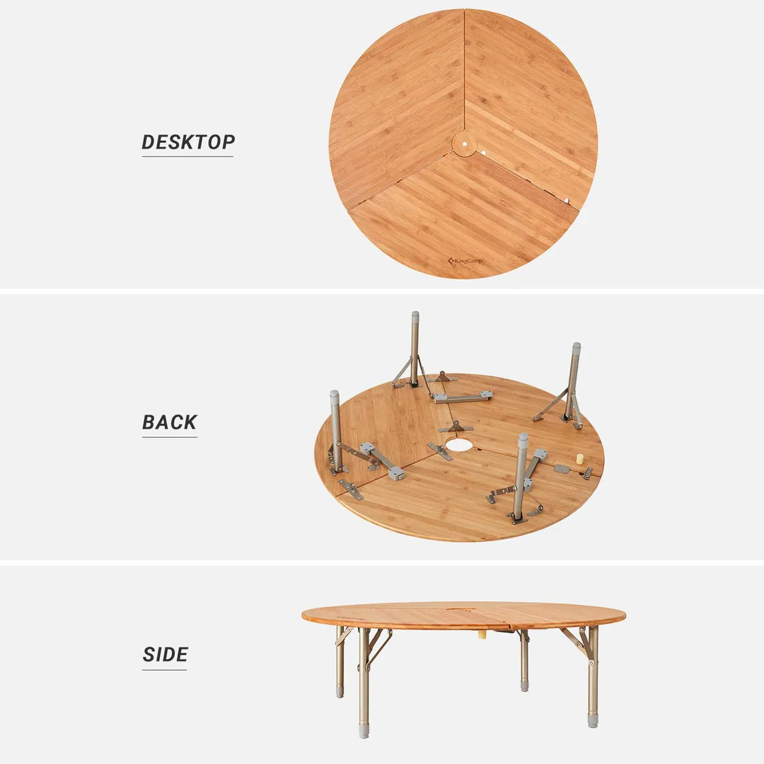 【KingCamp｜キングキャンプ】3-Folding Bamboo Table｜竹製丸型3つ折りテーブル 95cm φ（高さ30〜40cm調整可能）