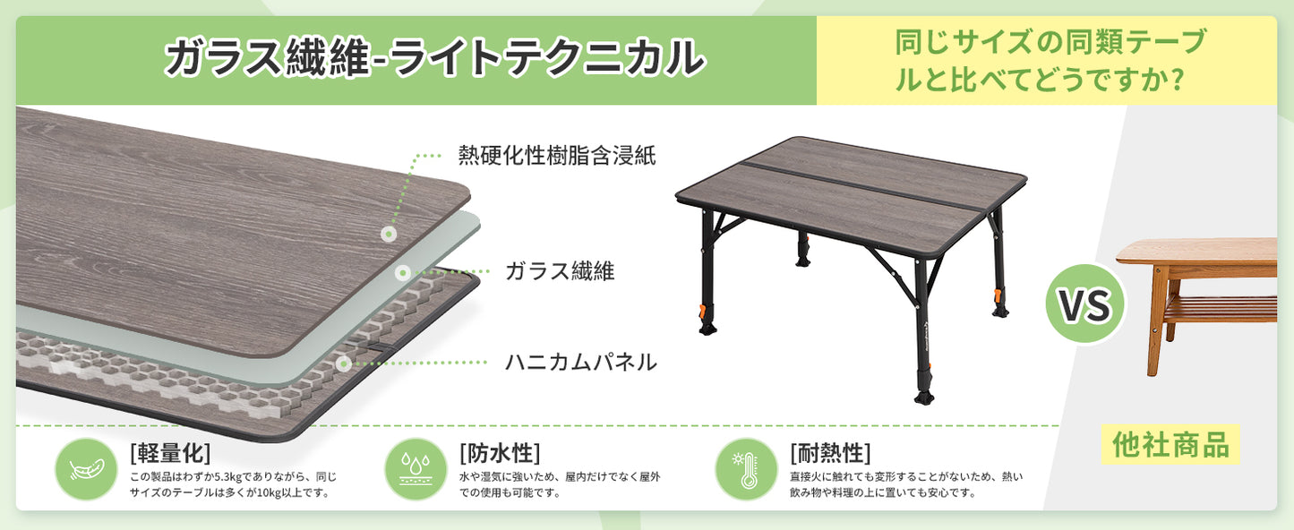 【KingCamp｜キングキャンプ】GRANITE P8060 アウトドアテーブル｜ガラス繊維天板 折りたたみ式 高さ無段階調整 80×60cm