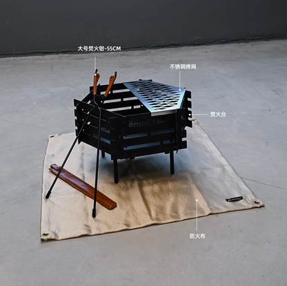 山趣（ShineTrip） 焚き火テーブル4点セット（本体＋ステンレスグリル＋火ばさみ55cm＋耐熱クロスM） ブラック