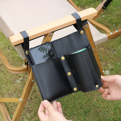 キャンプチェア用 レザー調サイド収納バッグ｜スマホ・ドリンクホルダー付き（グリーン／ホワイト／ブラック）