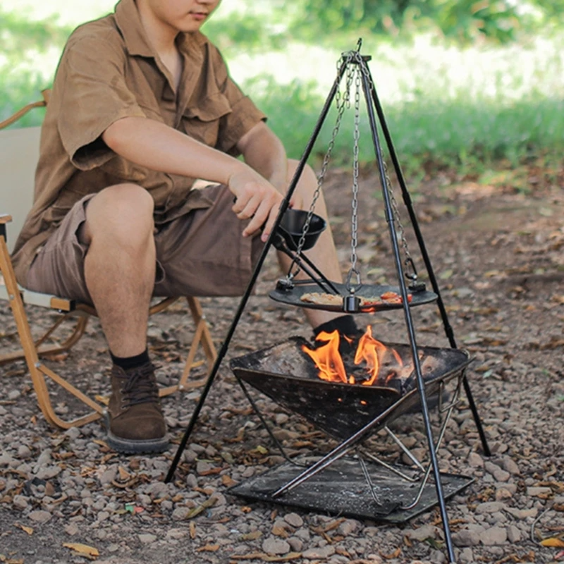 アウトドア分解式トライポッドグリルスタンド｜軽量アルミ合金製・組立式バーベキュースタンド・収納袋付き