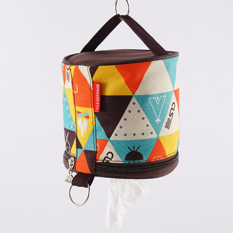 Outdoor Camping Folding Ethnic Style Tissue Box｜アウトドア エスニック調 ティッシュ収納バッグ（サーモンピンク＋ブルー／幾何学柄）