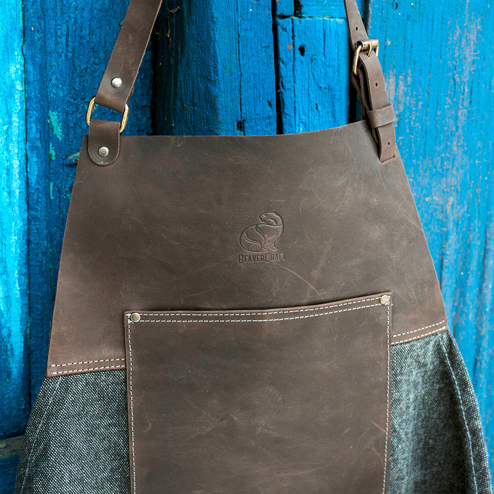 Beaver Craft Brown canvas with Leather Whittling Apron, genuine leather