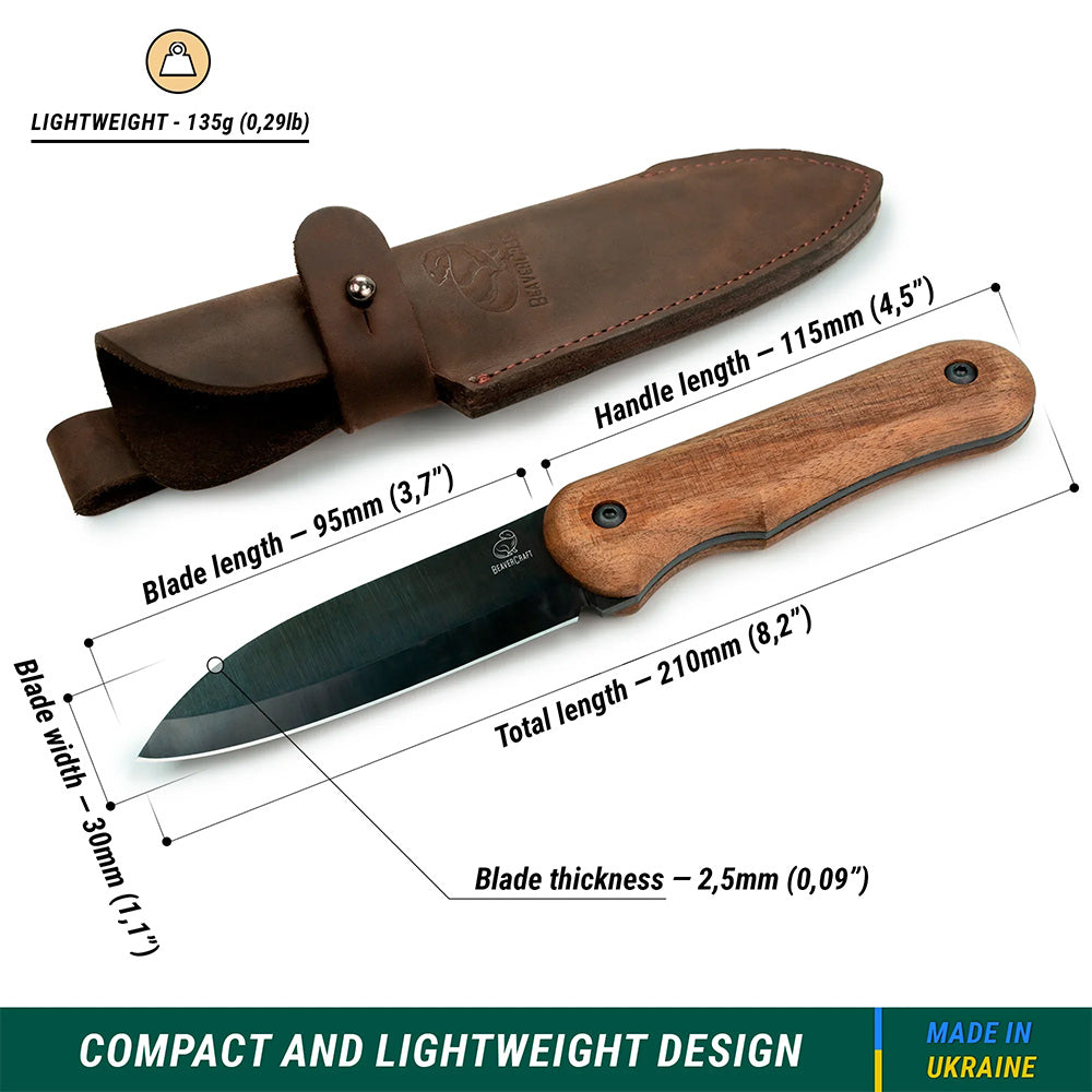 Beaver Craft Carbon Steel Bushcraft Knife with Leather Sheath and Walnut Handle Beaver Craft BSH5 Blued-Blade Bushcraft Knife