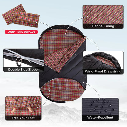 【KingCamp｜キングキャンプ】FREESPACE 250D｜ダブルサイズ封筒型寝袋｜フランネル裏地・ピロー付き・3シーズン対応（ブラック／オリーブ）