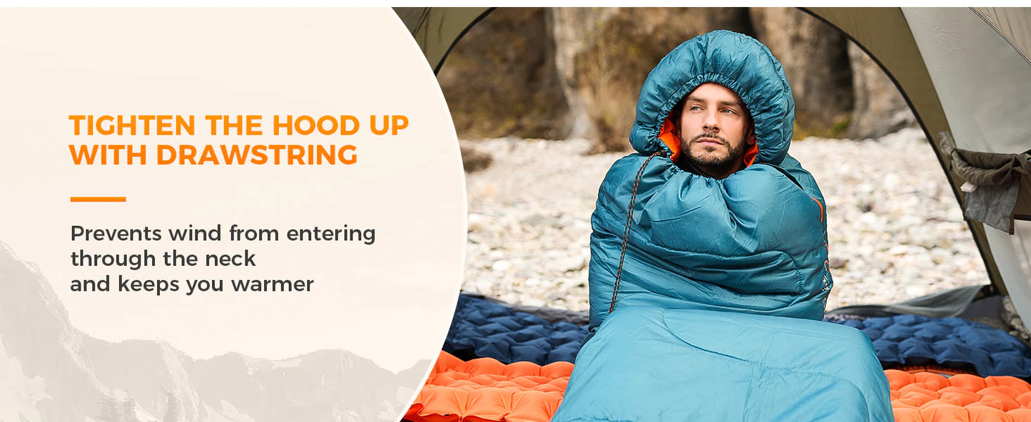 【KingCamp｜キングキャンプ】TIGRIS 250｜フード付き封筒型寝袋｜コントラストカラー・スタイリッシュモデル（ピーコックブルー）