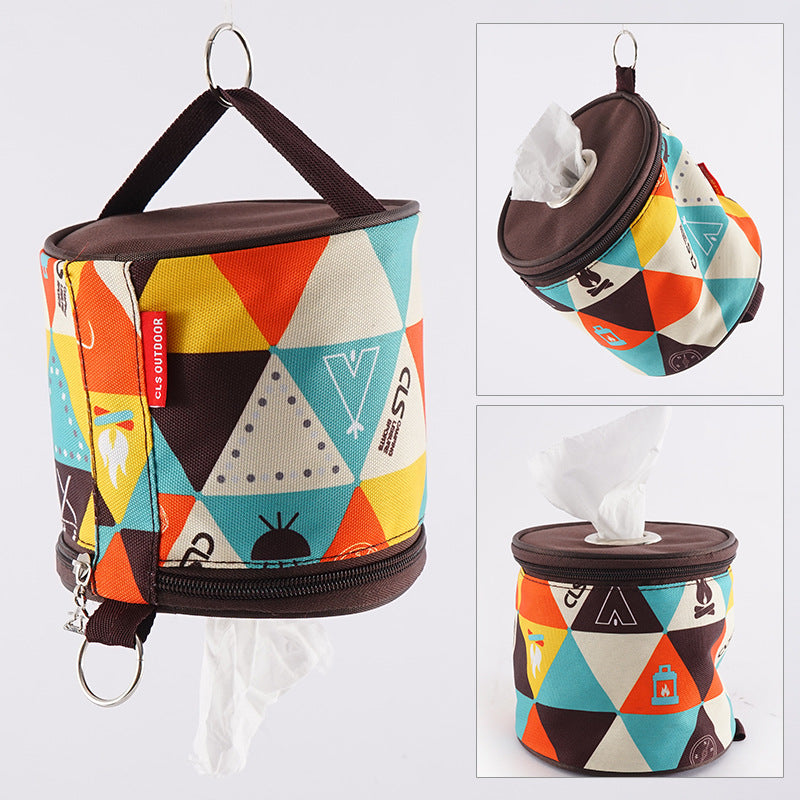 Outdoor Camping Folding Ethnic Style Tissue Box｜アウトドア エスニック調 ティッシュ収納バッグ（サーモンピンク＋ブルー／幾何学柄）