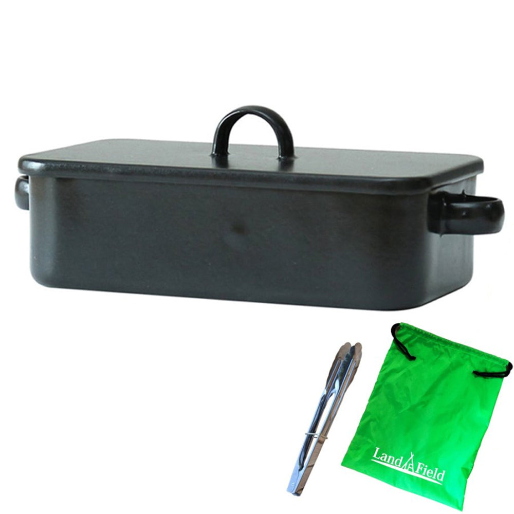 LandField Osaka Enamel Messtin Set with Tongs and Storage Bag, IH and Direct Flame Compatible, Lid Included, Outdoor Cooker LF-MESSET