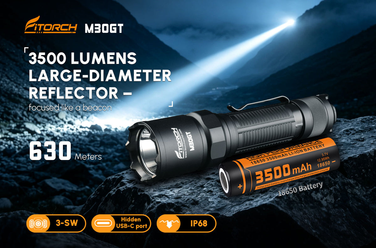 Fitorch（フィトーチ）M30GT タクティカルフラッシュライト 3500ルーメン 630m照射｜USB-C充電 IP68防水 防災・アウトドア