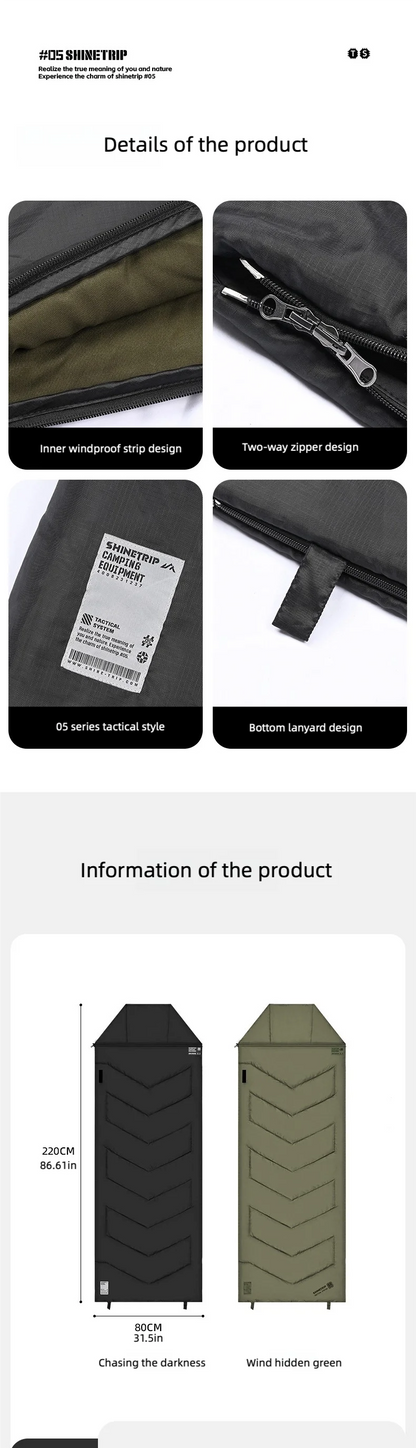 山趣（ShineTrip）05シリーズ シールスリーピングバッグ G160 G230 G300 220×80cm（ブラック／グリーン）