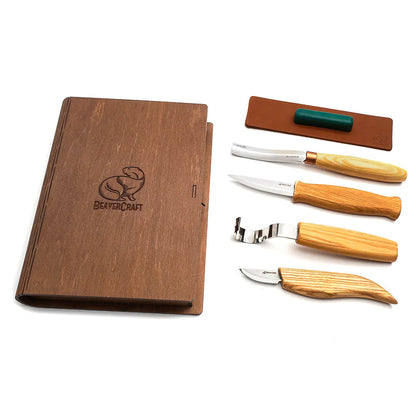 Beaver Craft S43 Book Spoon and Kuksa Carving Set, Set of 4