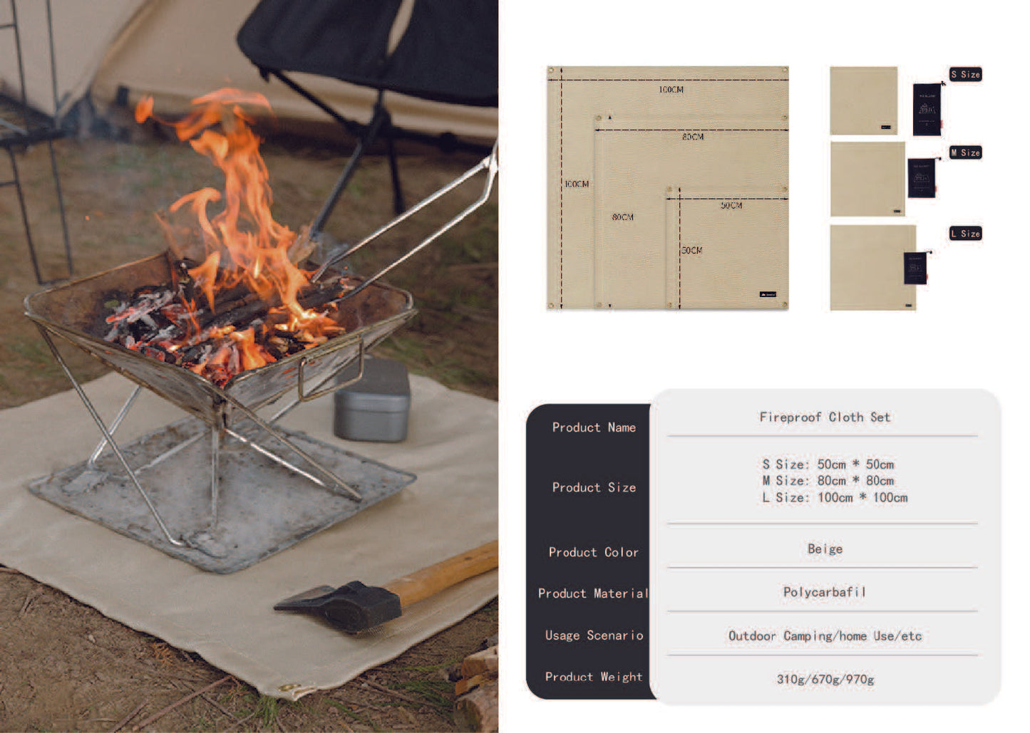 山趣（ShineTrip） 焚き火テーブル4点セット（本体＋ステンレスグリル＋火ばさみ55cm＋耐熱クロスM） ブラック