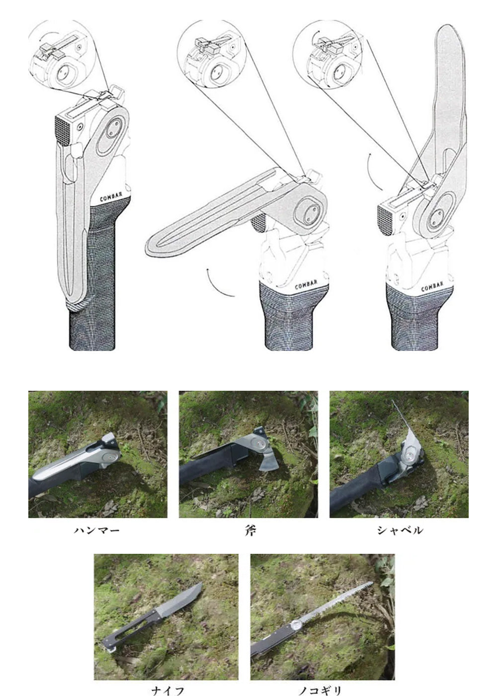 COMBAR コンバー 20年保証 アウトドア用スーパーツール マルチツール ハンマー 斧 シャベル ナイフ ノコギリ