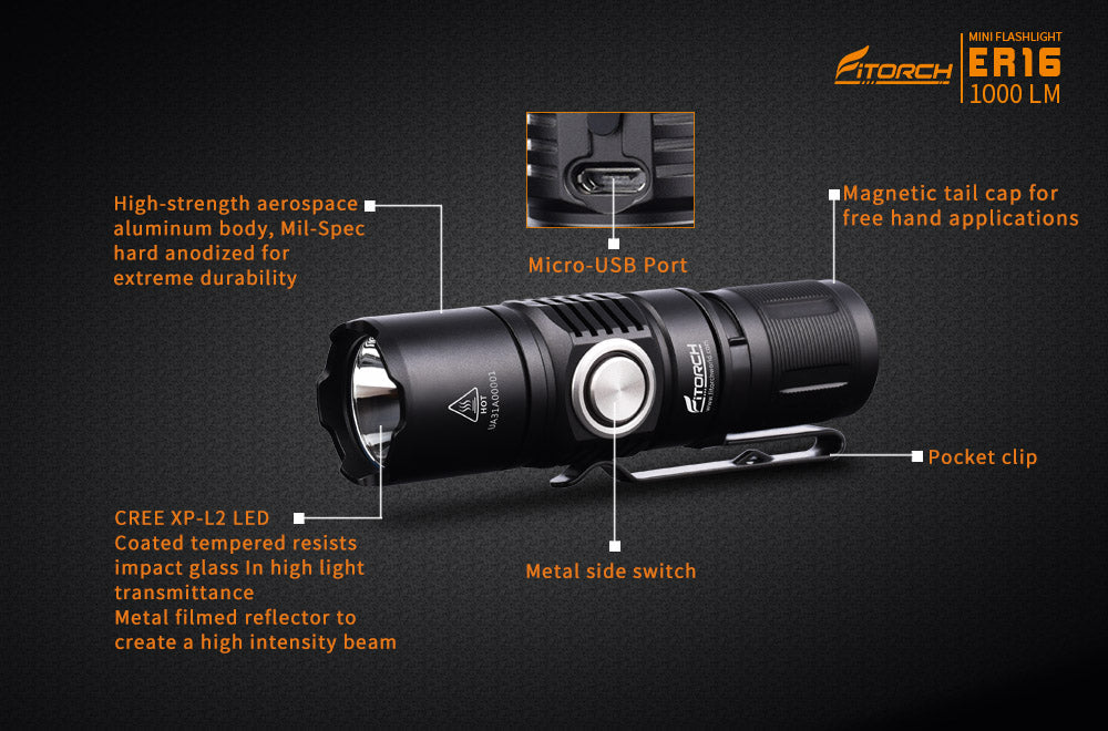 Fitorch ER16 Mini rechargeable side switch LED flashlight Fitorch Mini LED flashlight Rechargeable LED flashlight 1000 lumens