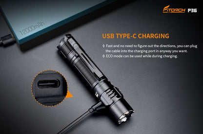 Fitorch P36 3000lumen Compact Flashlight with USB-C Charging Port Fitorch USB-C Charging Flashlight 3000 Lumens LED Flashlight