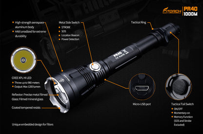 Fitorch PR40 LONG-RANGE FLASHLIGHT BEAM THROW 1000 METERS Fitorch Up to 1000 meters irradiation Long range LED flashlight Rechargeable flashlight 1350 lumens