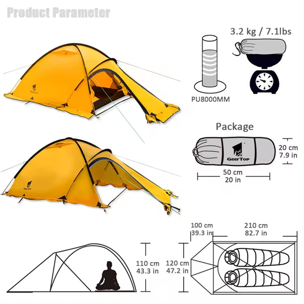 Geertop Gear Top 2-Person Mountaineering Tent, Double Layer, Waterproof, Ultralight, Mountaineering