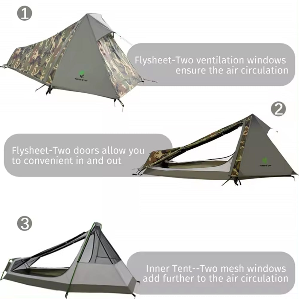 Geertop Gear Top Camouflage Tent Backpack Tent Solo Tent for 1 Person 3 Seasons