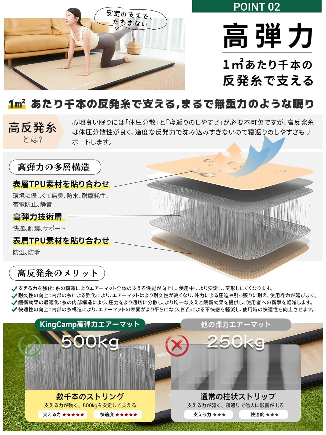 【KingCamp｜キングキャンプ】Flexi Rest 5.0 DUO｜ダブルサイズ インフレーターマット 200×140×5cm（カーキ）