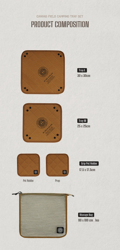 KZM Kazumi Canvas Field Camping Tray Set Snap-on Grip Pot Holder x 2 Tray M x 1 Tray L x 1 Kazumi Outdoor KZM OUTDOOR