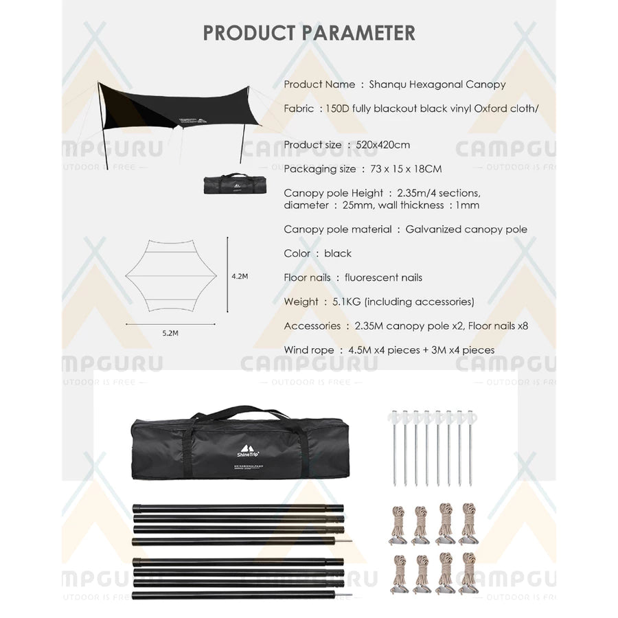 SHINE TRIP Outdoors（シャイン・トリップ／山趣）Hexagonal Vinyl Skylight 六角黒膠天幕（Gold／Black）